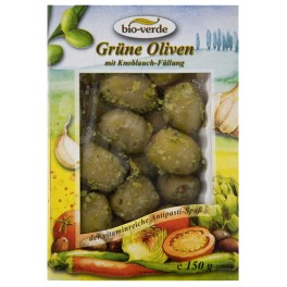 Bio-verde - masline verzi umplute cu usturoi, cu mirodenii Bio-verde - masline verzi umplute cu usturoi, cu mirodenii